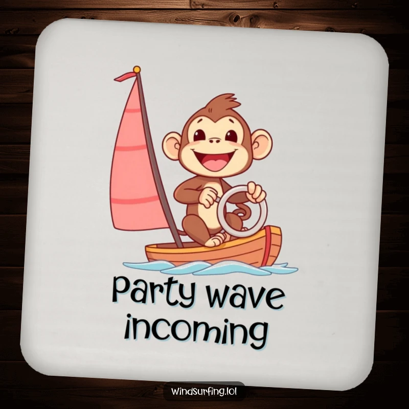 Funny drink coaster with an excited monkey steering a sailboard with a big smile, adding a touch of humor and protection.