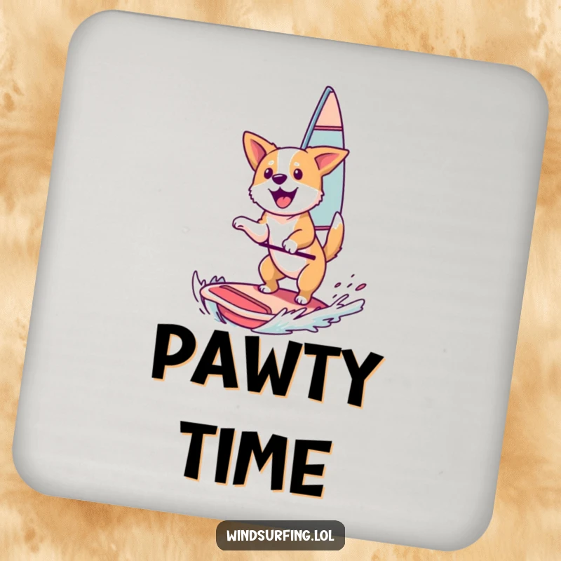Funny Coaster: A happy dog catching air while windsurfing, adding a touch of canine fun.