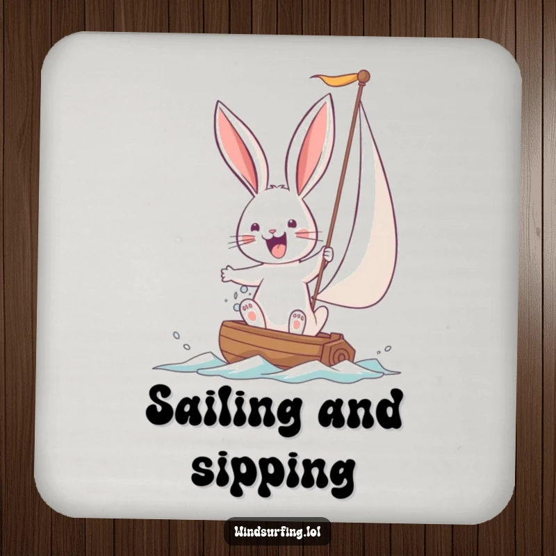 Funny Bunny Coaster showcasing a joyful bunny struggling with a large sail. Protects surfaces with humorous determination.