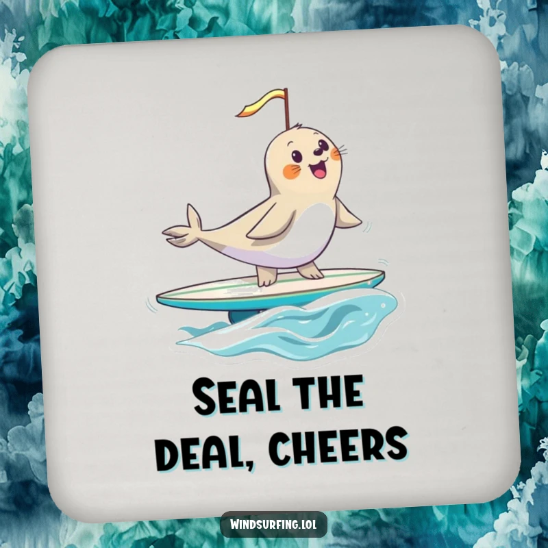 Funny seal balancing on a surfboard, sail catching wind, illustrated on a drink coaster for a humorous and practical home accessory.