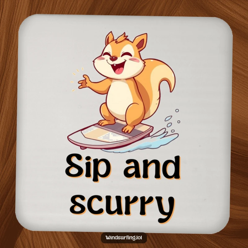 Funny Coaster: A squirrel poses triumphantly on a windsurfing board, providing funny protection for your tables.