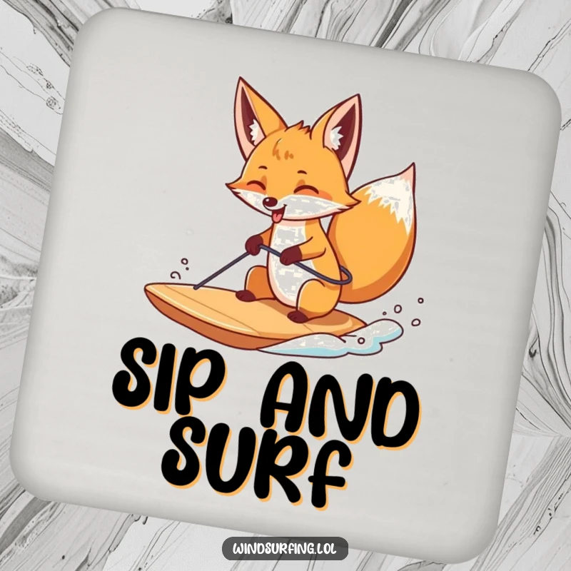 Funny drink coaster showing a curious fox windsurfing with its tongue sticking out, adding playful water sport humor.
