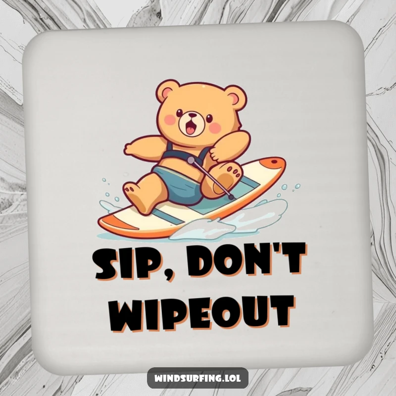 Funny drink coaster featuring a clumsy bear falling off a windsurfing board, designed to protect surfaces humorously.
