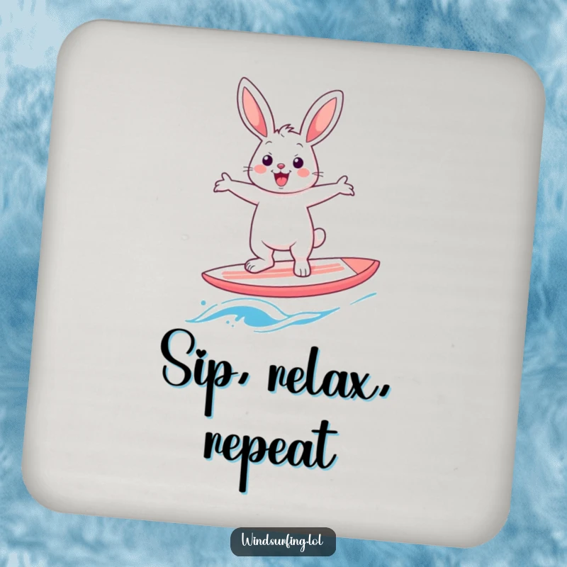 Funny rabbit windsurfer coasters, showing a cheerful hare humorously balancing on a windsurf board, protecting surfaces with style and humor.