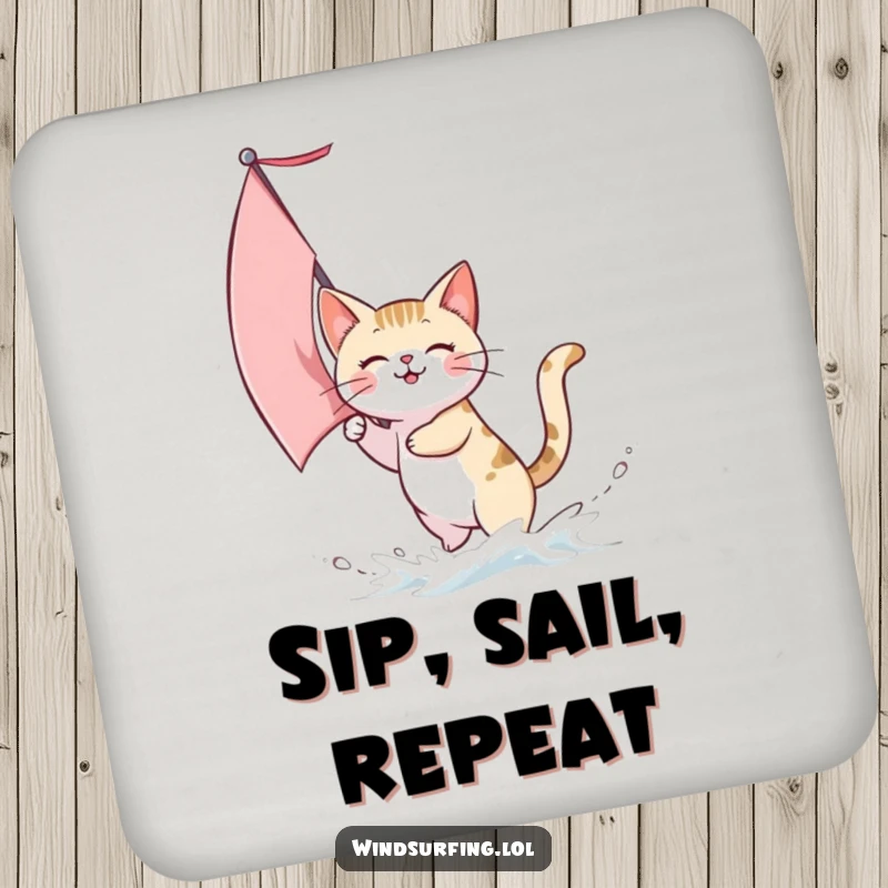 Funny drink coaster showing a cat sailing with a sail full of wind, offering protection and a humorous, nautical theme.