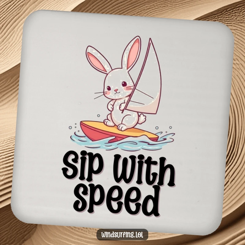 Funny drink coaster with a curious rabbit windsurfing, protecting surfaces with hare flair and humor.