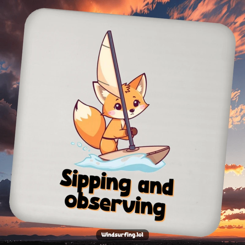 Funny Coasters: A curious fox peeks from behind a windsurfing sail, adding humorous mystery and surface protection.