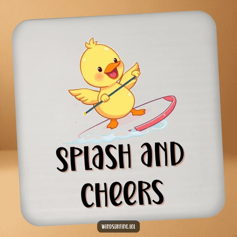 Funny Duckling Coaster showcasing a happy duckling windsurfing with tiny flapping wings. Protects surfaces with aquatic charm and humor.