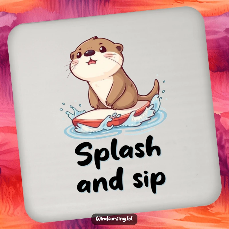 Funny drink coaster with a surprised otter splashing water while riding a sailboard, adding a playful touch of aquatic charm.