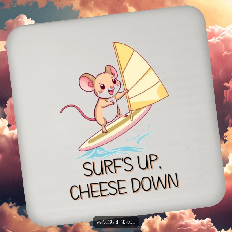 Funny Coasters: A squealing mouse windsurfing precariously, adding humorous protection and a splash of adventure to tabletops.