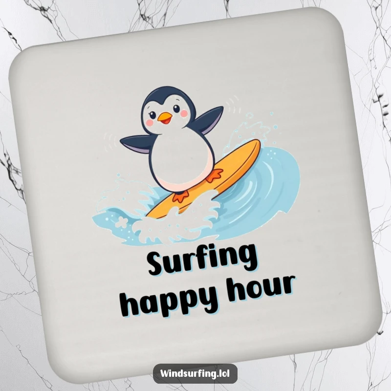 Funny drink coaster with a penguin windsurfing on a wave, perfect for protecting surfaces.