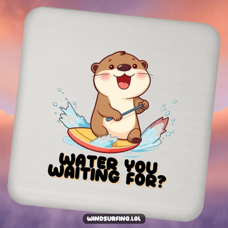 Funny otter splashing water while windsurfing on a board, depicted on a drink coaster for a humorous and practical accessory.
