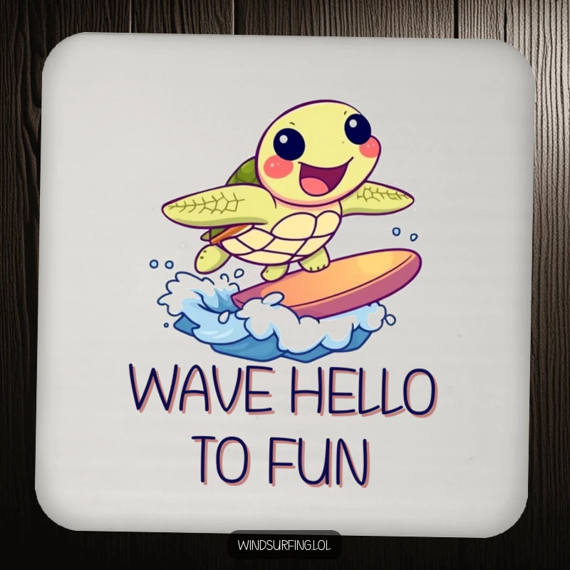 Funny drink coaster depicting a joyful sea turtle surfing a small wave. Protects surfaces with beach humor.