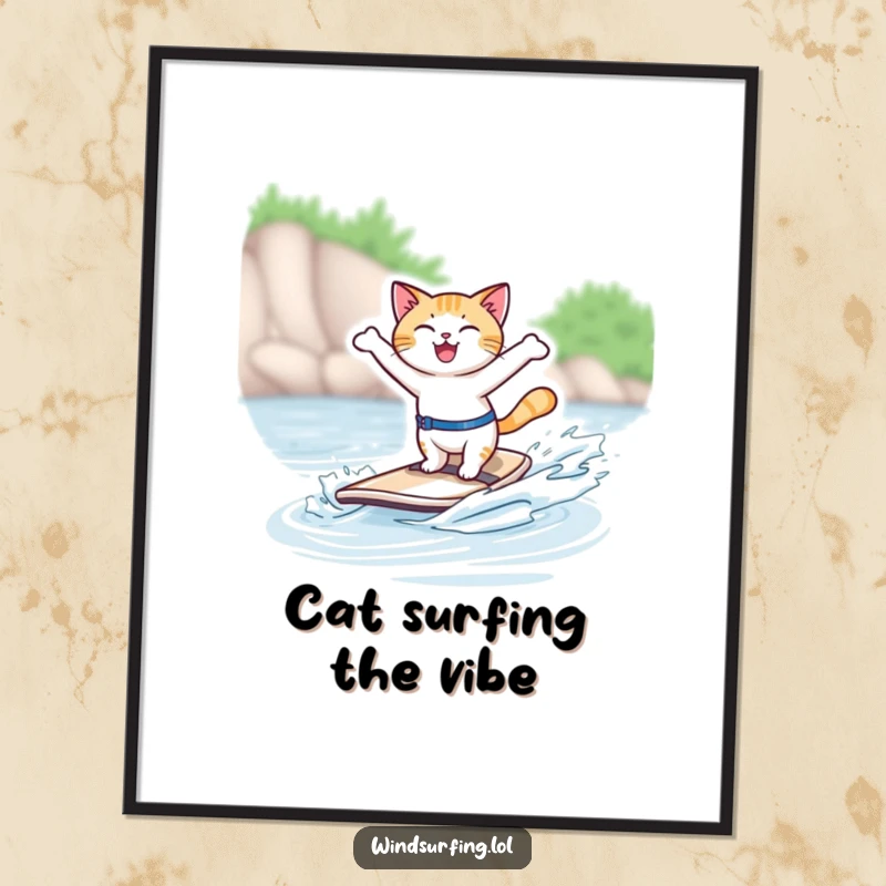 Funny poster of a joyful cat windsurfing with arms outstretched, embodying freedom and fun, excellent wall decor.