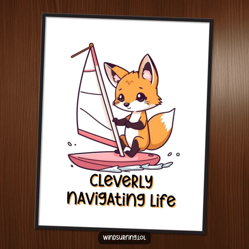 Funny fox windsurfer poster, showing a curious fox steering a windsurf sail with playful intent, adding a touch of lighthearted adventure to decor.