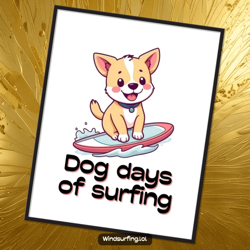 Funny poster of a happy dog windsurfing with tail wagging, embodying canine excitement and fun, excellent wall decor.