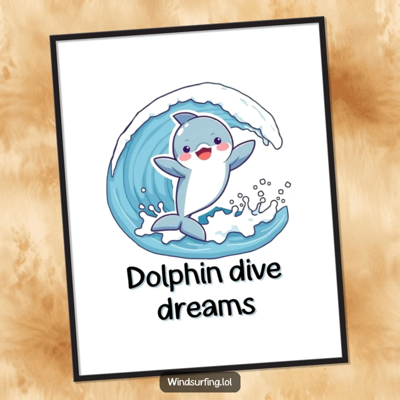 Funny poster featuring a playful dolphin joyfully catching a wave with arms outstretched, capturing the pure, ecstatic fun of the sea.
