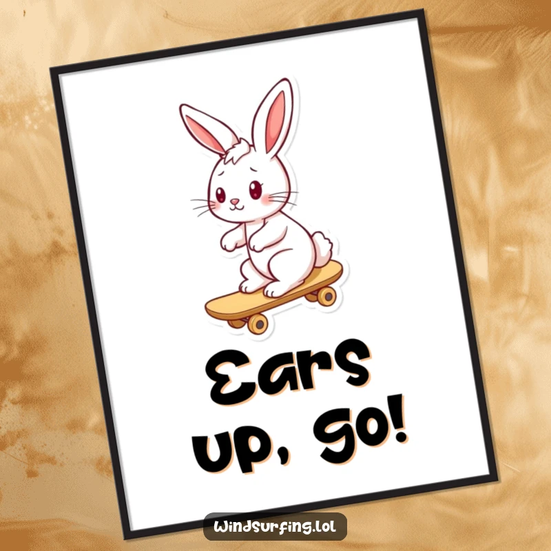 Funny bunny poster of a playful bunny with windblown ears riding a board, perfect for adding a cheerful vibe.