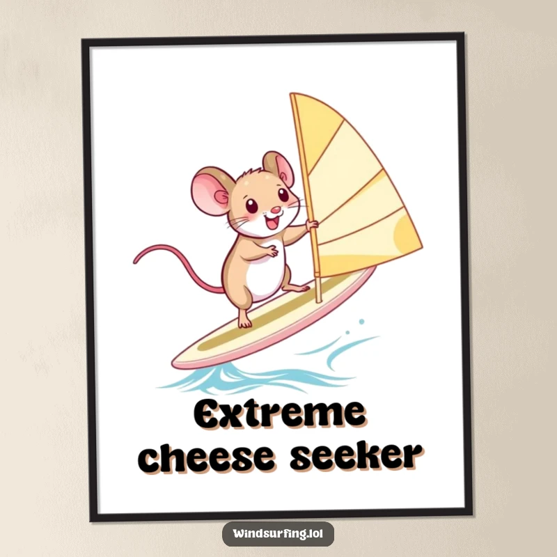 Funny Poster: A small mouse squeals with intense focus while windsurfing, capturing a moment of hilarious extreme sports action.