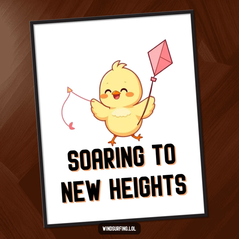 Funny poster art of a delighted chick using a kite as a sail, capturing a moment of pure, windy fun.