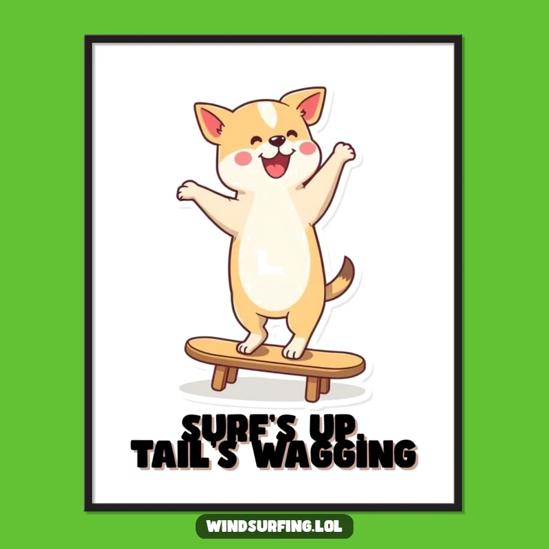 Funny Dancing Dog Surfer Poster: Pooch's Balance Masterpiece, Artistic Funny Gift