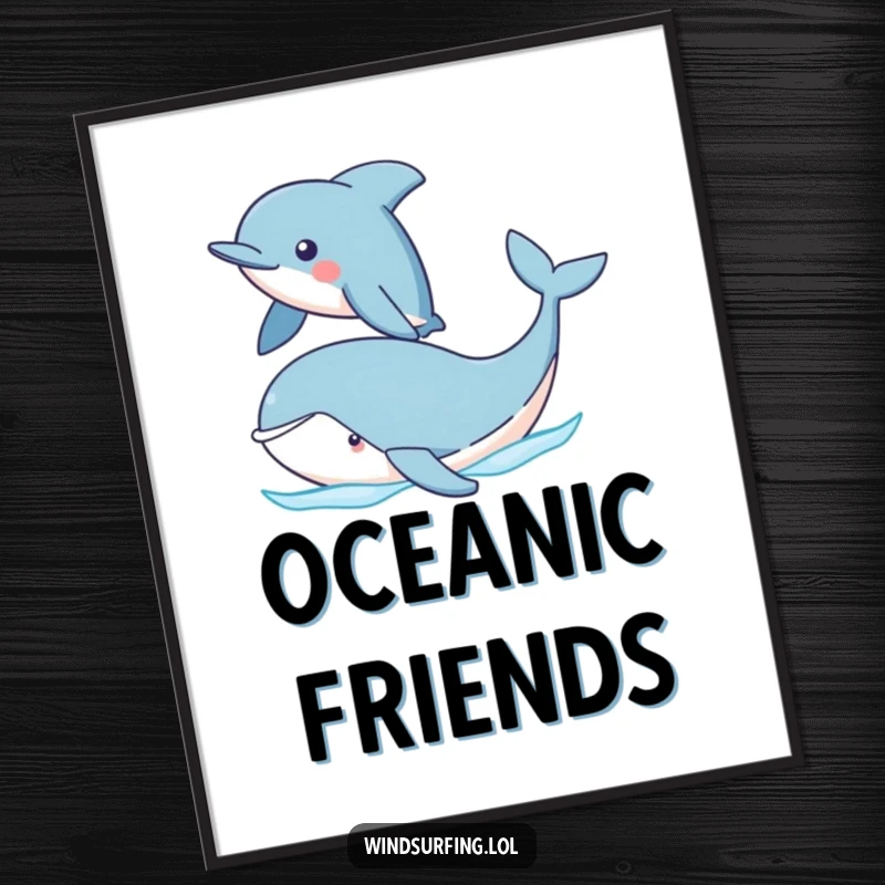 Funny Dolphin and Whale Poster showing a proud dolphin sailing past a cute whale. A charming and humorous piece of wall art for ocean lovers.
