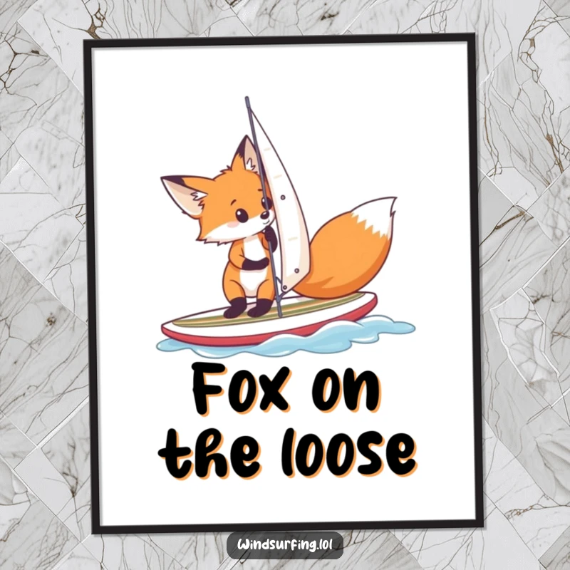 Funny, curious fox meticulously adjusting its sail on a small surfboard, captured in a humorous and charming art print.