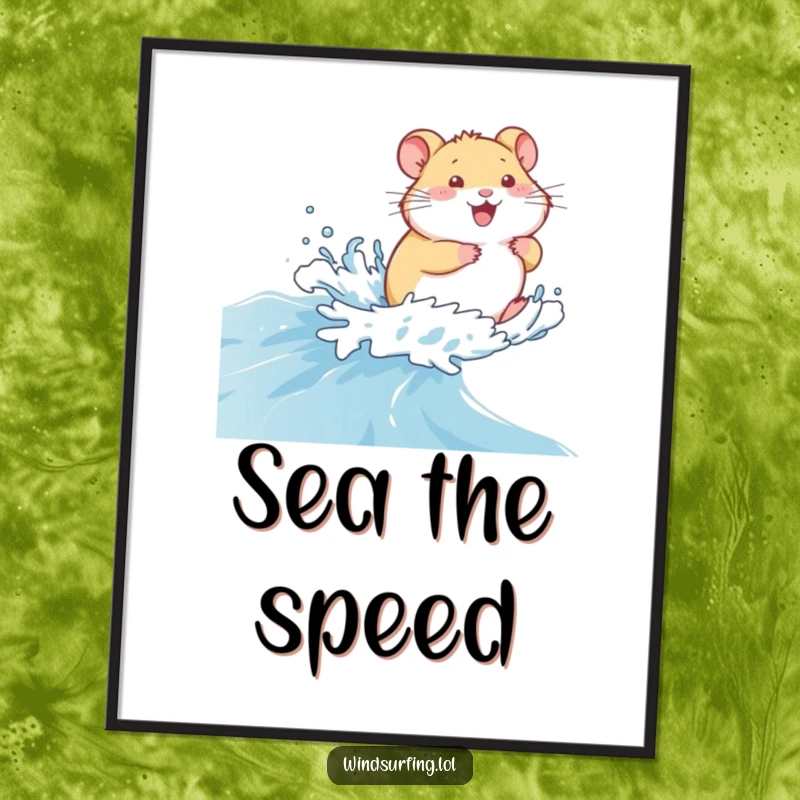 Funny Poster: A giggling hamster zooming across a choppy blue sea, bringing nautical humor and joy to any room, a great funny gift.