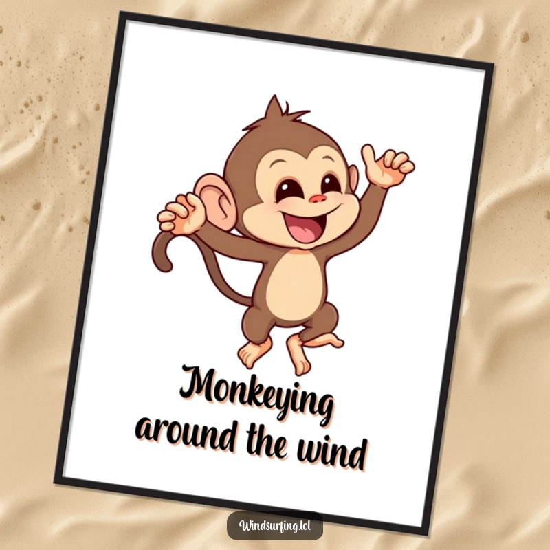 Funny poster of a mischievous monkey playfully leaning into a strong gust of wind, capturing a moment of spirited fun.