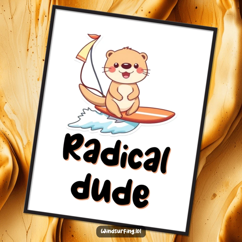 Funny Otter Surfing Poster: An ecstatic otter navigates a surfboard with a sail, capturing the thrill of surfing.