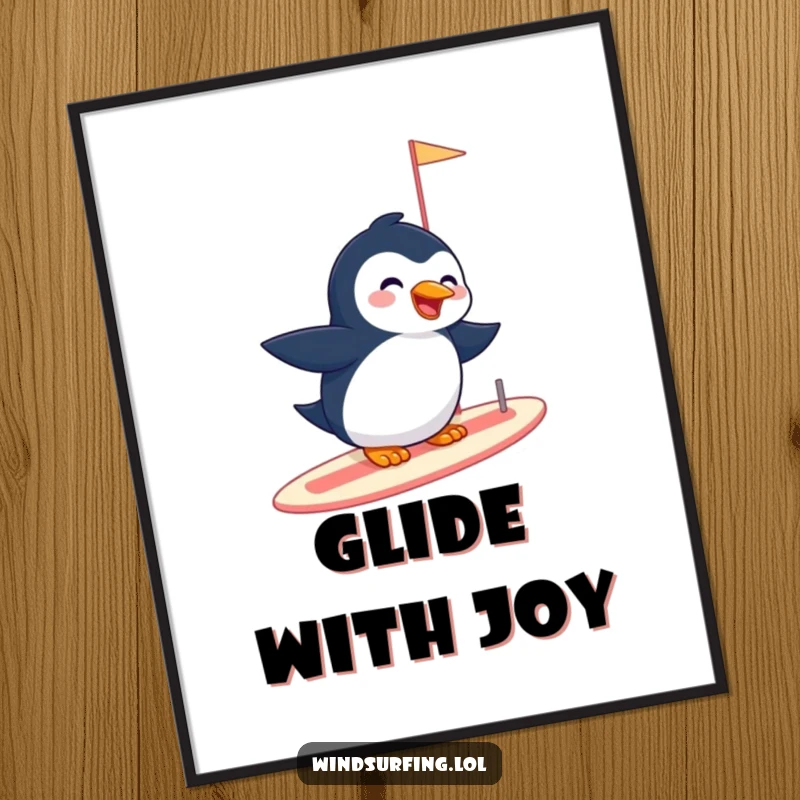 Funny poster depicting a giggling penguin effortlessly gliding on a sailboard, creating a whimsical and joyful arctic scene.