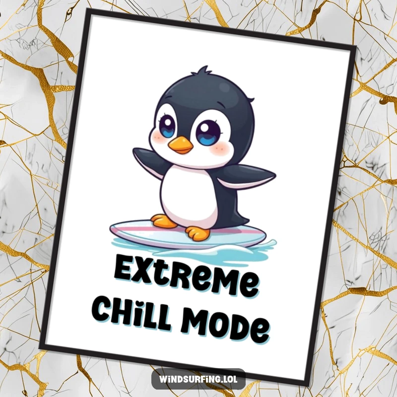 Funny poster featuring a curious penguin with wide eyes, hilariously wobbling while attempting to surf a wave.