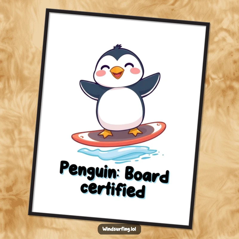 Funny penguin windsurfing poster displaying a joyful penguin masterfully balancing on a windsurfing board.