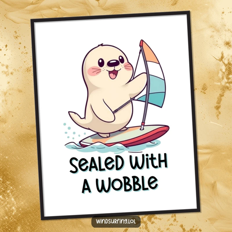 Funny seal caught in a comical pose while attempting to windsurf, creating a hilarious and eye-catching poster.