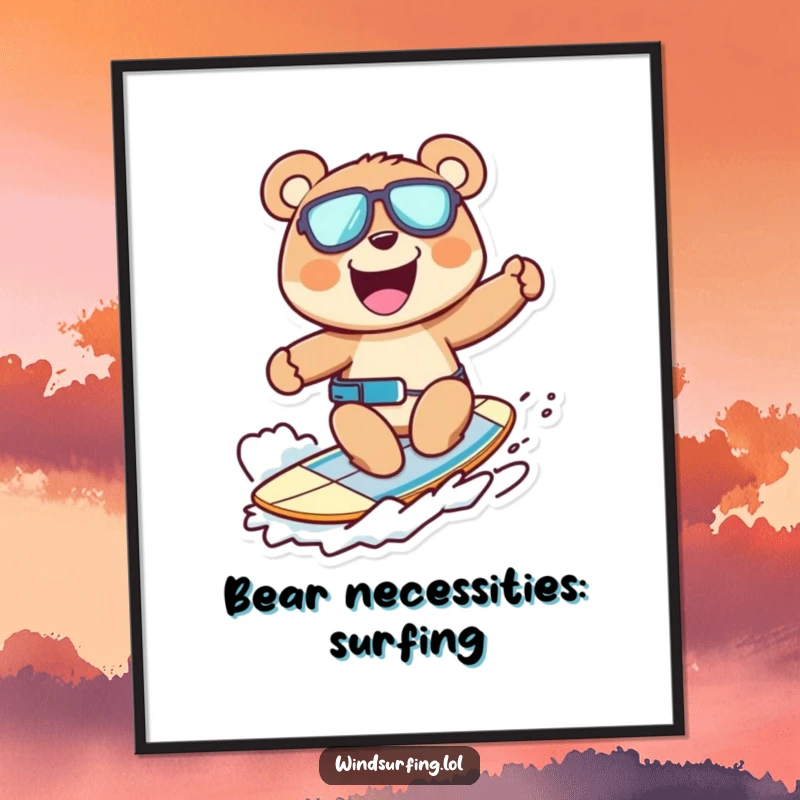 Funny poster of a cheerful bear windsurfing with a wide grin, embodying fun and adventure, excellent wall decor.