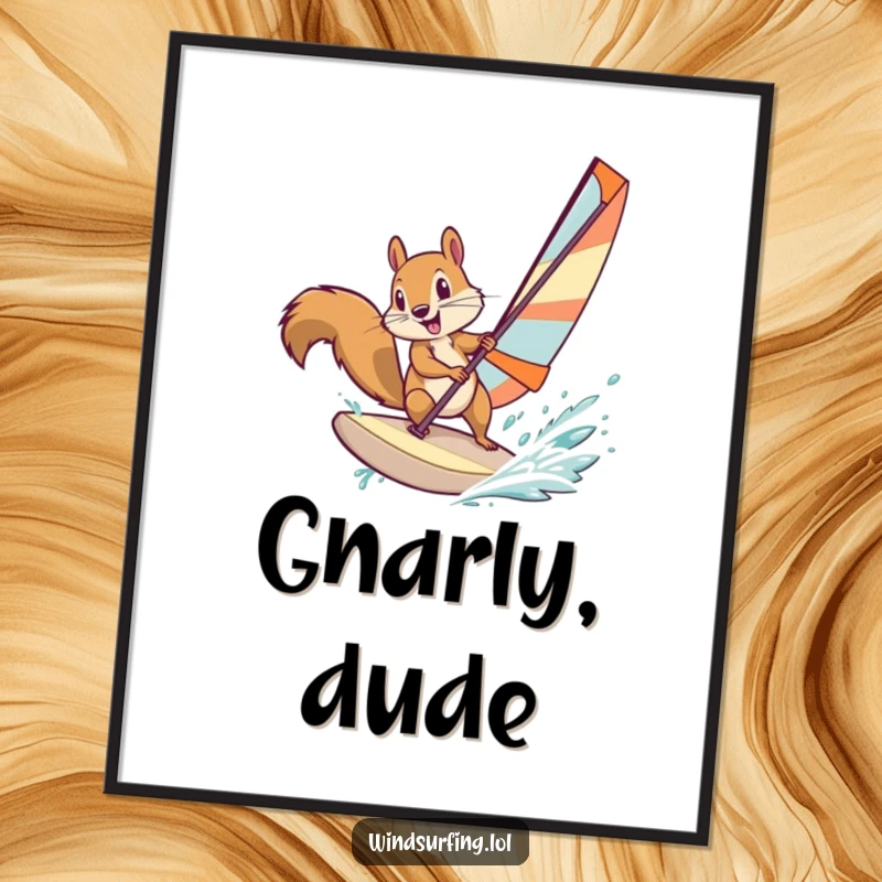 Funny squirrel windsurfing powerfully across a wave, captured in a dynamic poster print, radiating energy and fun.