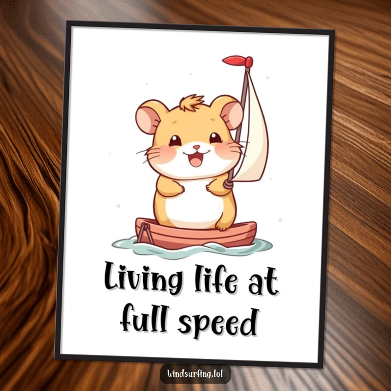 Funny Poster: A smiling hamster propels itself with a miniature sail, creating a heartwarming and humorous scene of self-powered travel.