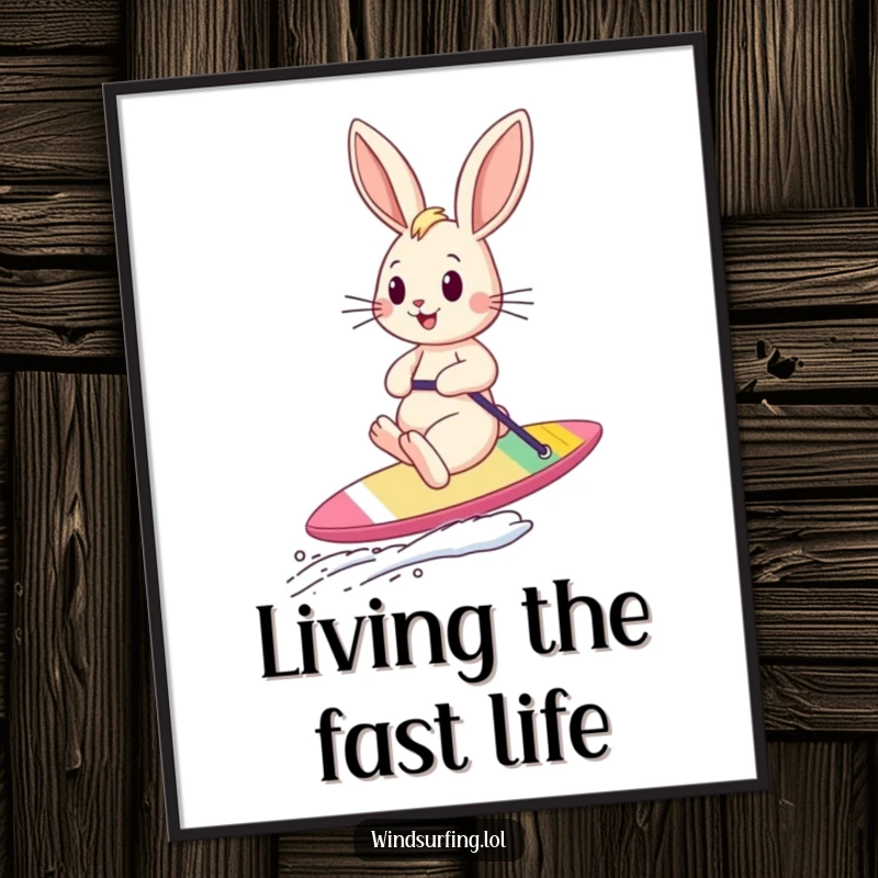 Funny bouncing bunny sailboarding with its ears flowing in the wind, creating an energetic and humorous piece of wall art.