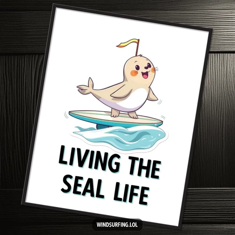 Funny seal expertly balancing on a surfboard, wind sail full, captured in a moment of hilarious aquatic triumph and pure, unadulterated joy.