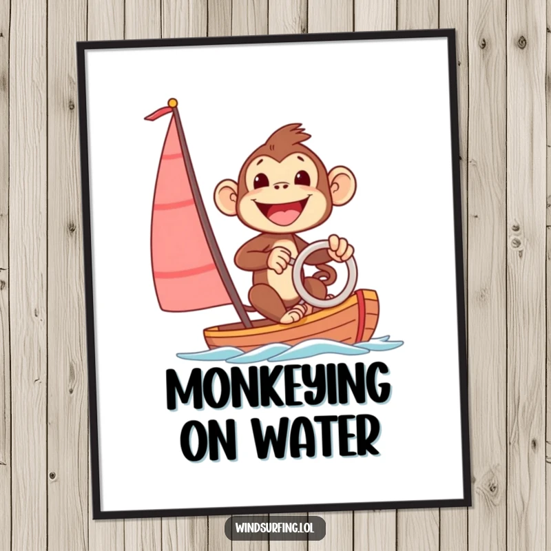 Funny poster of an excited monkey with a big smile steering a sailboard, perfect for adding humorous, adventurous decor.