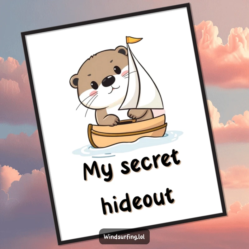 Funny otter peeking from behind a tiny sailboat, rendered as charming wall art for a delightful and humorous decorating touch.