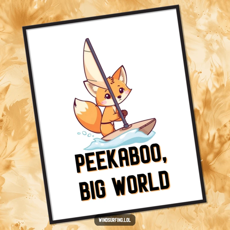 Funny Poster: A curious fox peeks slyly from behind a windsurfing sail, creating a humorous and engaging scene.