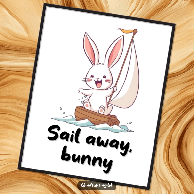 Funny Bunny Poster depicting a joyful bunny hilariously battling a large sail. A motivational and humorous piece of wall art.