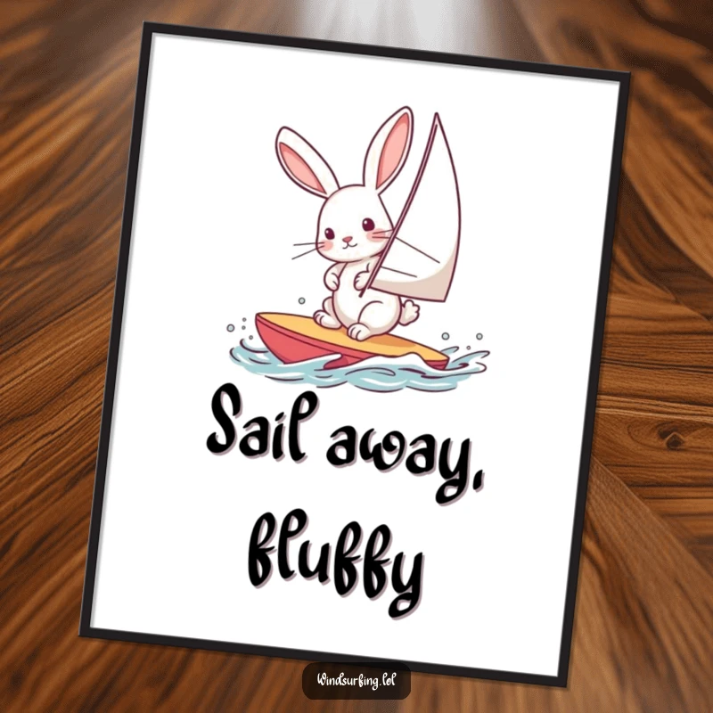 Funny poster of a curious rabbit windsurfing, leaning into the wind, embodying adventure and fun, excellent wall decor.