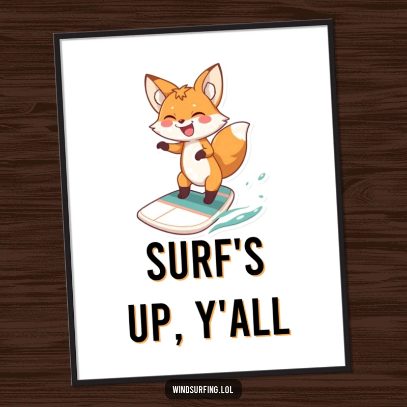 Funny fox windsurfing poster, a vibrant illustration of a fox having fun mid-air on a windsurfing board, spreading joy and humor.