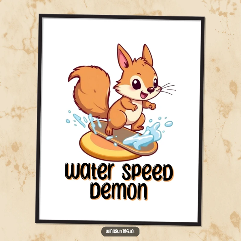 Funny energetic squirrel zooming across water on a board, captured in a high-impact poster for dynamic wall art.