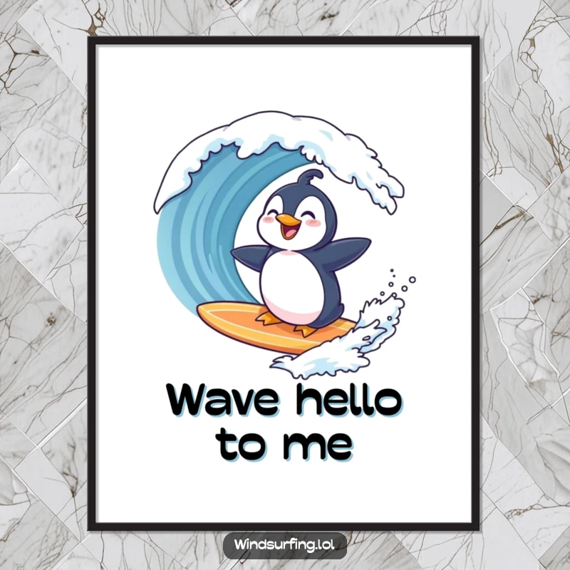 Funny penguin surfing a surfboard, laughing heartily as a large wave looms, captured in a humorous and dynamic art print.