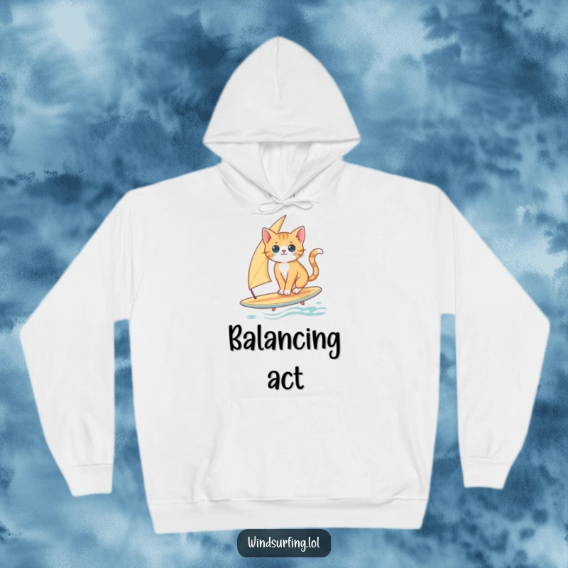 Funny Cat Surfing Hoodie: A curious cat balances with poise on a surfboard and sail, ready for adventure.
