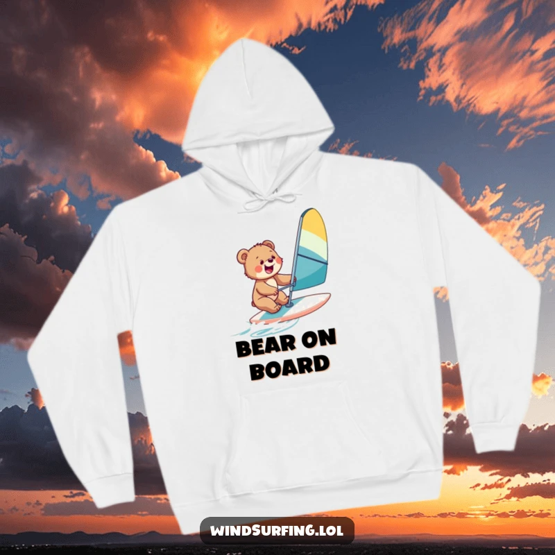 Funny hoodie with a bear cub windsurfing, offering warmth and a playful, adventurous vibe for outdoor fun.