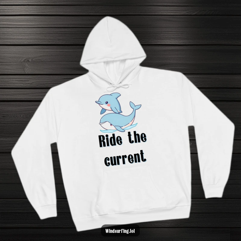 Funny Dolphin and Whale Hoodie featuring a proud dolphin sailing past a cute whale. A comfortable and humorous addition to any wardrobe.